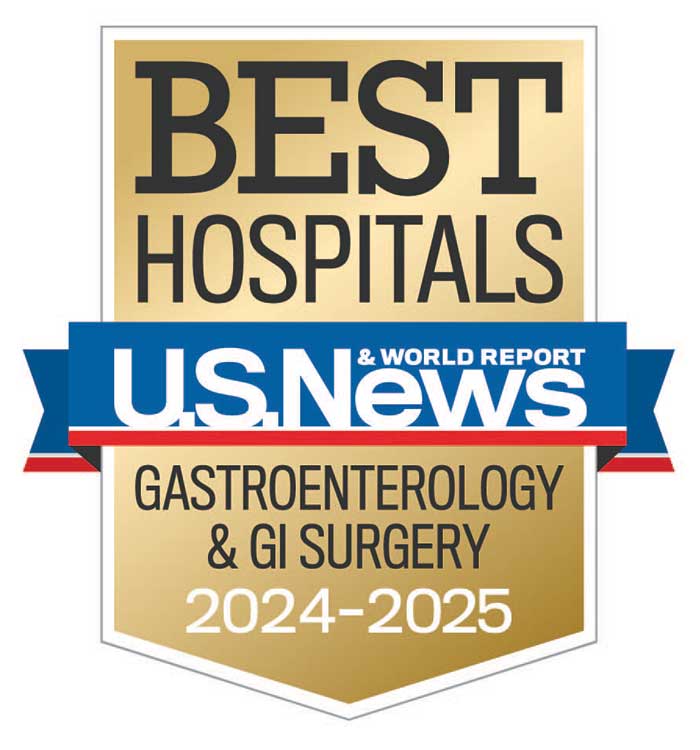 Badge image of U.S. News & World Report Best Hospitals – Ranked nationally in Gastroenterology & GI Surgery Specialties for 2024-2025.
