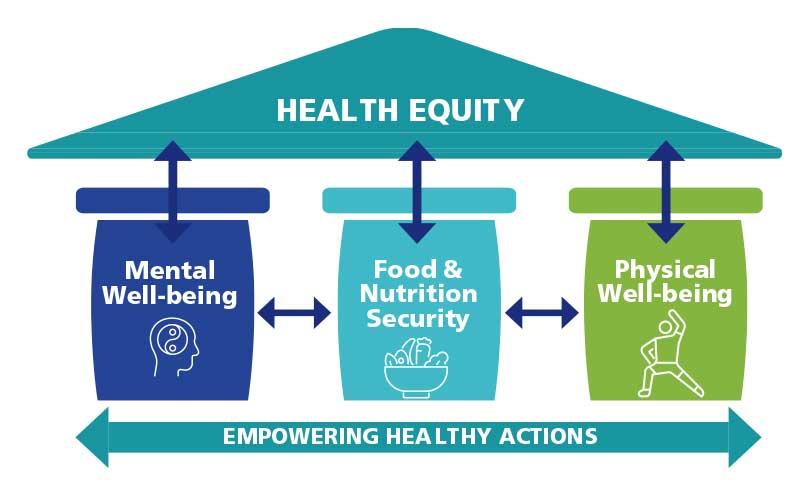 The Health Equity figure describes the top health priorities identified in the Community Health Needs Assessment. The three health priorities, Mental Well-being, Food & Nutrition Security, and Physical Well-being, are shown as interconnected pillars under a larger umbrella of health equity with a foundation of empowering health actions.