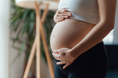 Side view close-up of pregnant woman touching her belly. A lamp and plant are visible in the background.
