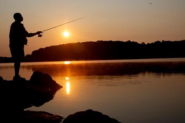 Silhouette of a Dave facing right, standing on a rock by the water’s edge, casting a fishing line out into a lake. The sun is setting behind a hill covered in trees and is reflected in the lake.