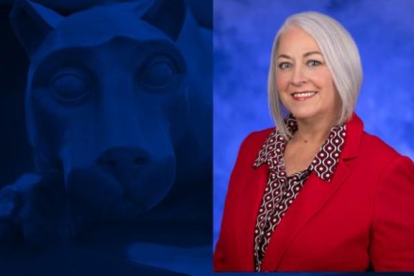 A headshot of Teresa Swenson, wearing professional attire, placed over an image of a Penn State Nittany Lion statue.