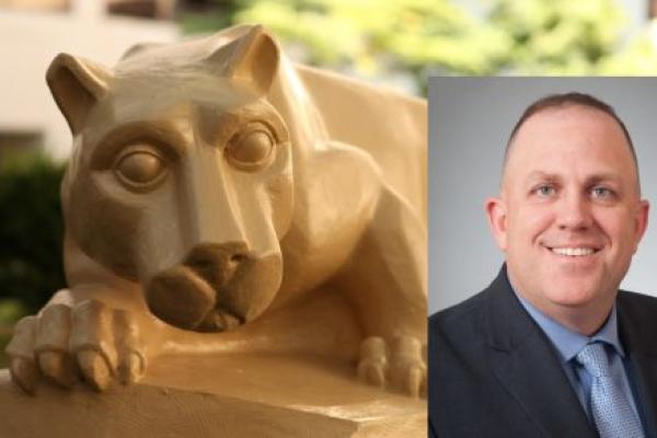 A headshot of Sam Wetherill, wearing a suit and tie, superimposed over a larger photo of a Penn State Nittany Lion statue.