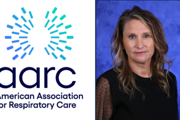 On the left is the logo of the American Association for Respiratory Care. On the right is a portrait of Jenn Erkinger.