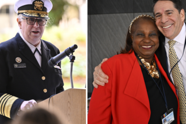 Two photos. Left: A woman in a formal military uniform stands a podium speaking. Right: A lady and a gentleman in business suits pose together, smiling.