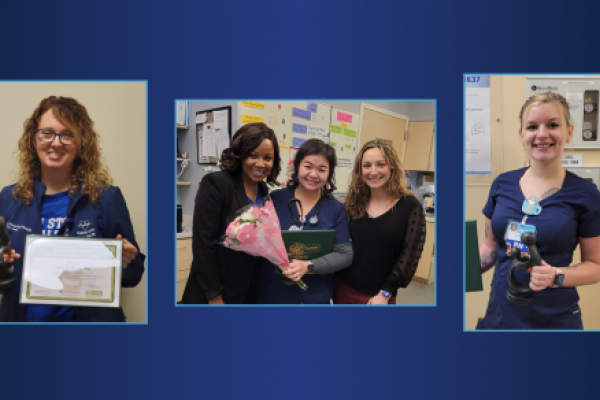 Three photos side-by-side on a gradient background. The left photo shows a lady in scrubs smiling and holding an award certificate and statue. The middle photo shows three ladies – the lady in the middle is wearing scrubs and holds flowers and an award certificate, the ladies on her left and right are wearing business clothing. The right photo shows a lady in scrubs holding an award statue and certificate.