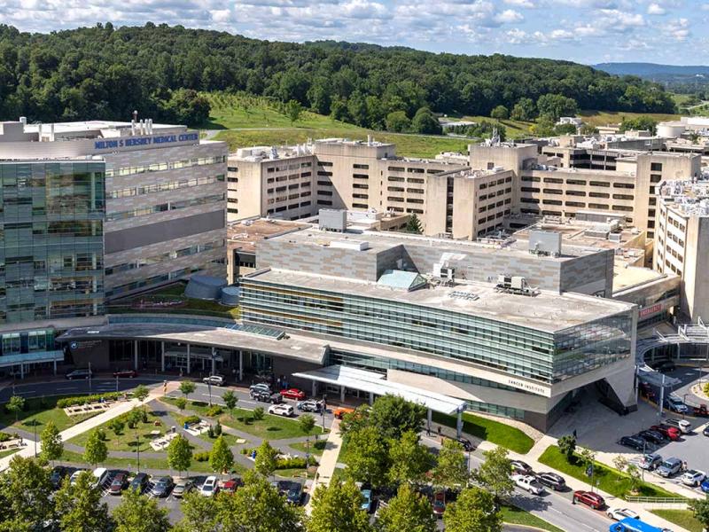 An aerial view of the Penn State Health Milton S. Hershey Medical Center campus, including the Penn State Health Children's Hospital and Penn State College of Medicine.